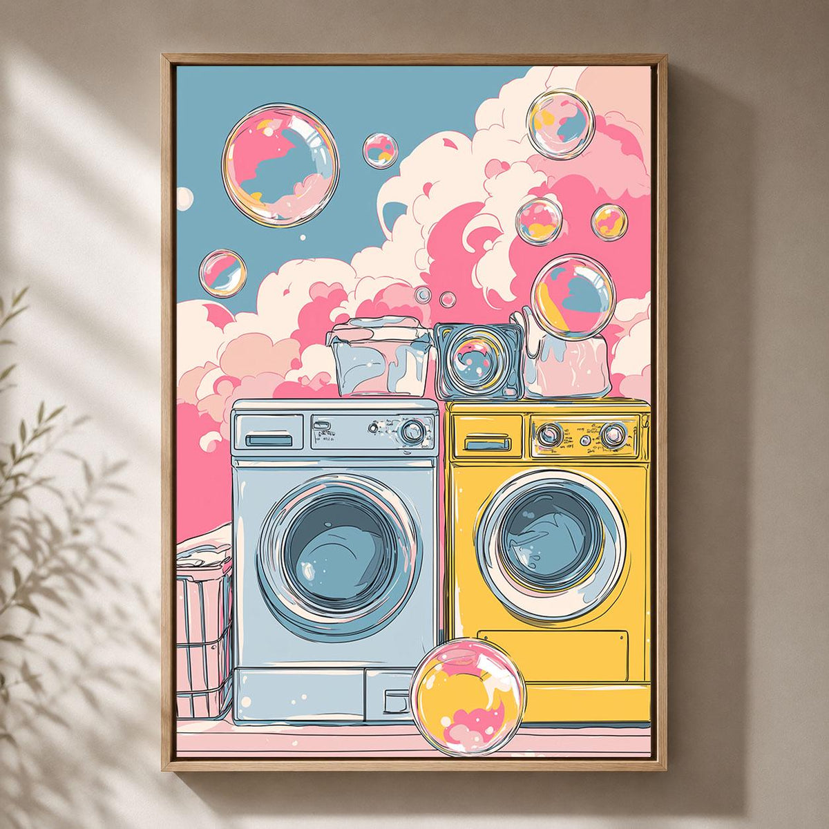 Colourful Laundry Room Pink & Blue Washing Machine Fun Retro Utility Room Framed Canvas