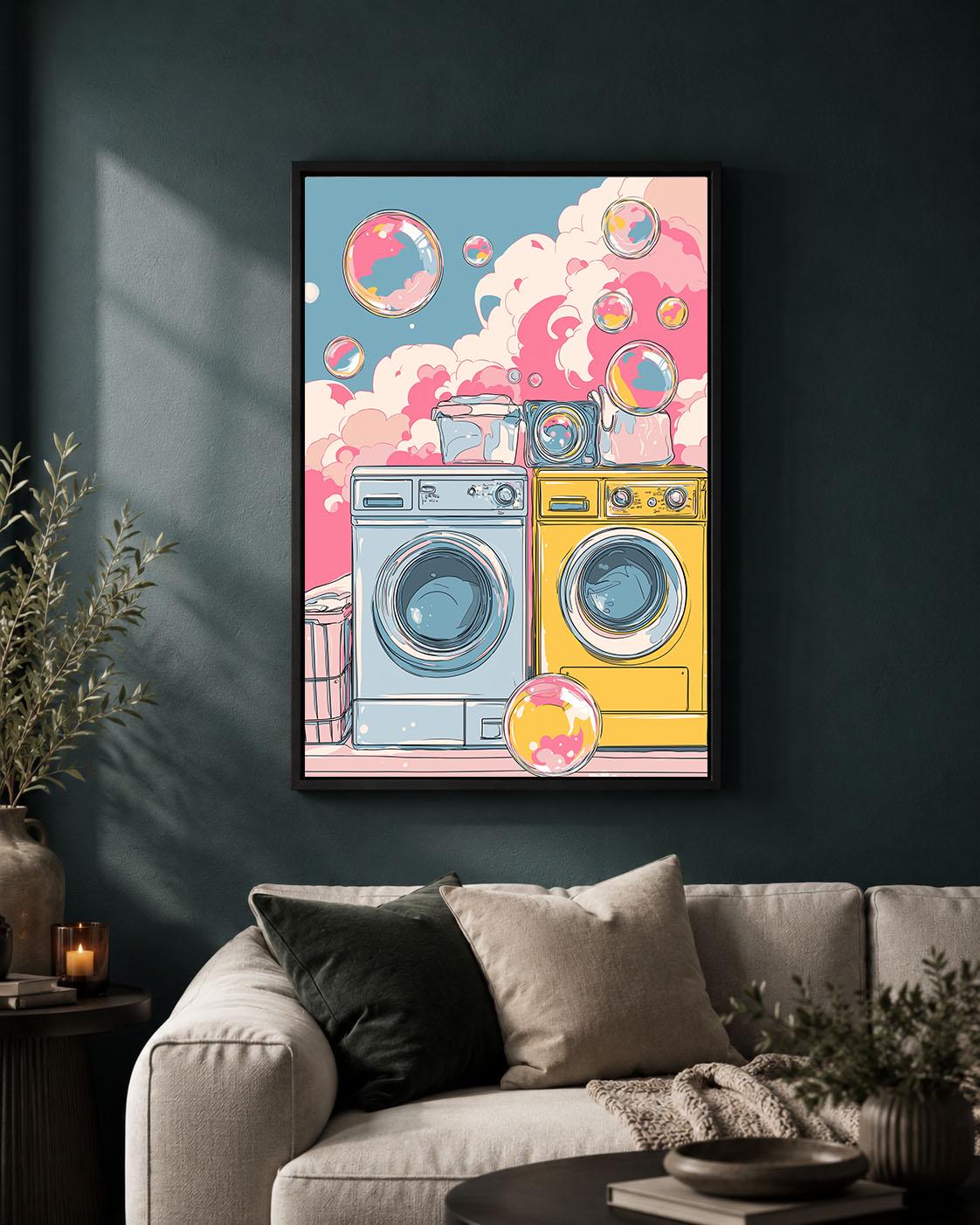 Colourful Laundry Room Pink & Blue Washing Machine Fun Retro Utility Room Framed Canvas