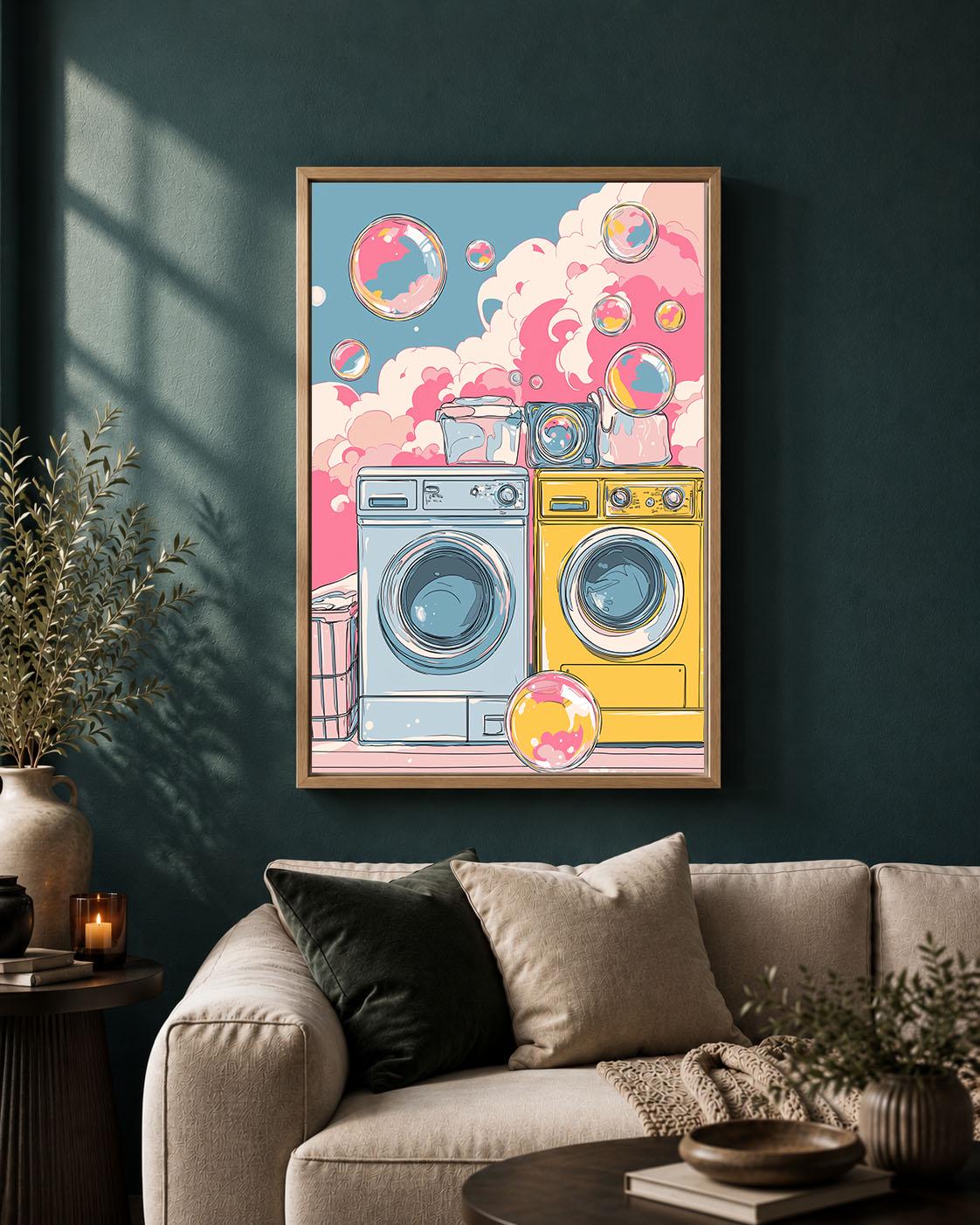 Colourful Laundry Room Pink & Blue Washing Machine Fun Retro Utility Room Framed Canvas