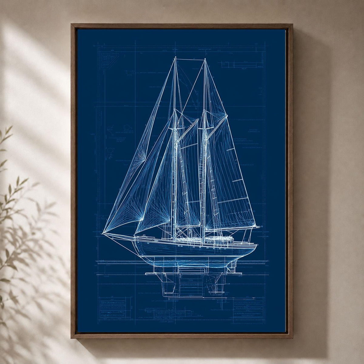 Sailboat Blueprint Navy Blue Nautical Sailing Boat Technical Drawing Framed Canvas