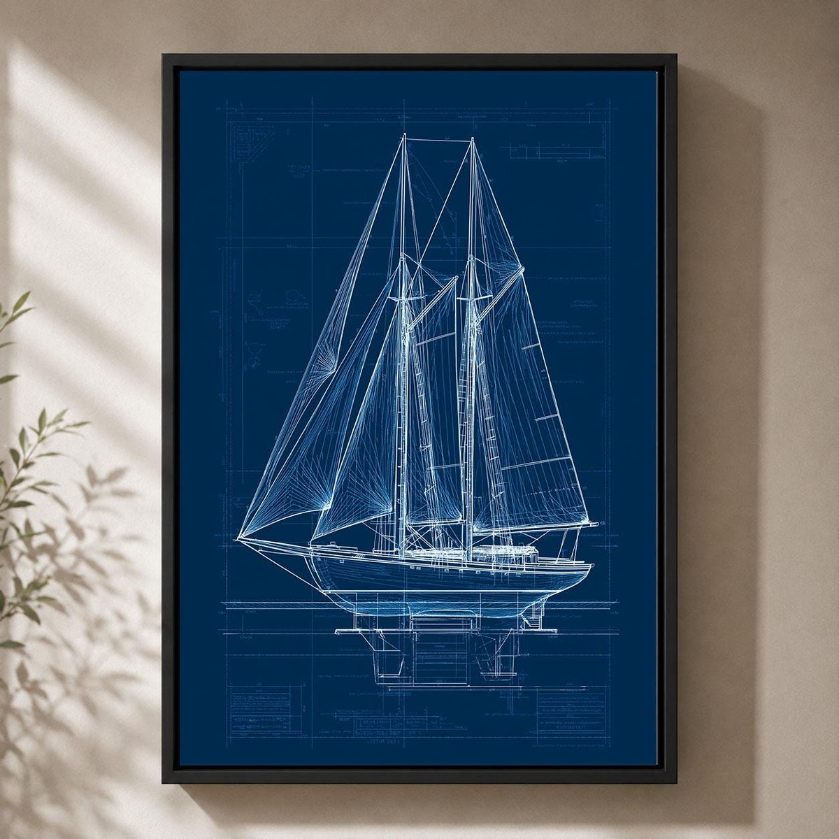 Sailboat Blueprint Navy Blue Nautical Sailing Boat Technical Drawing Framed Canvas