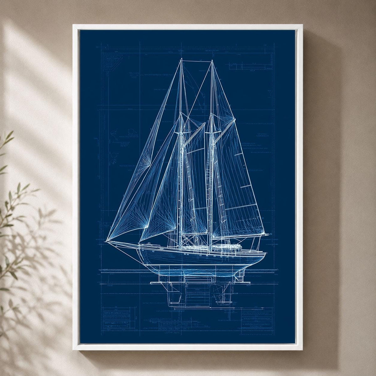 Sailboat Blueprint Navy Blue Nautical Sailing Boat Technical Drawing Framed Canvas