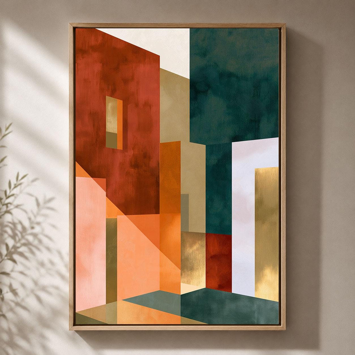 Neo Deco Geometric Abstract Orange Green and Gold Framed Canvas