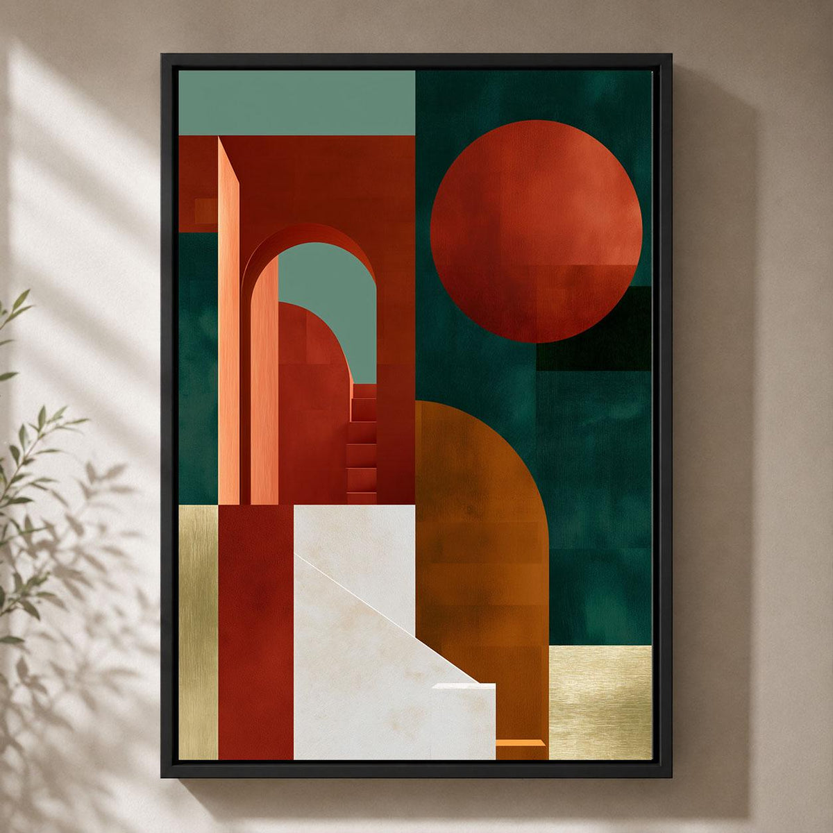 Neo Deco Geometric Arch Rust Orange and Green Abstract Framed Canvas