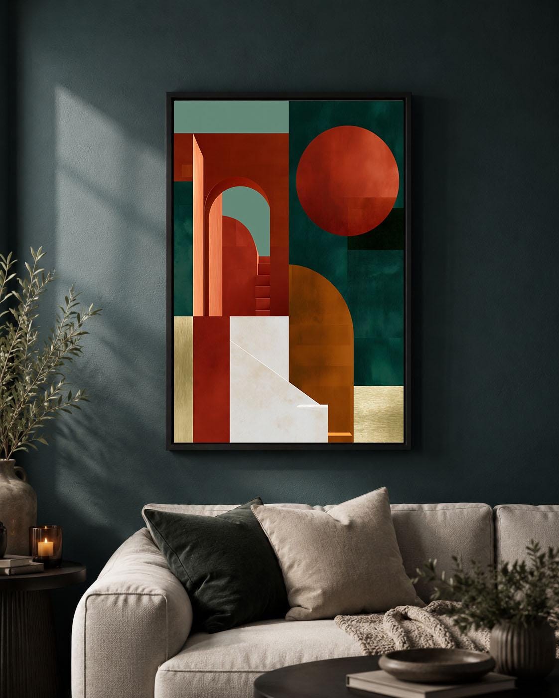 Neo Deco Geometric Arch Rust Orange and Green Abstract Framed Canvas