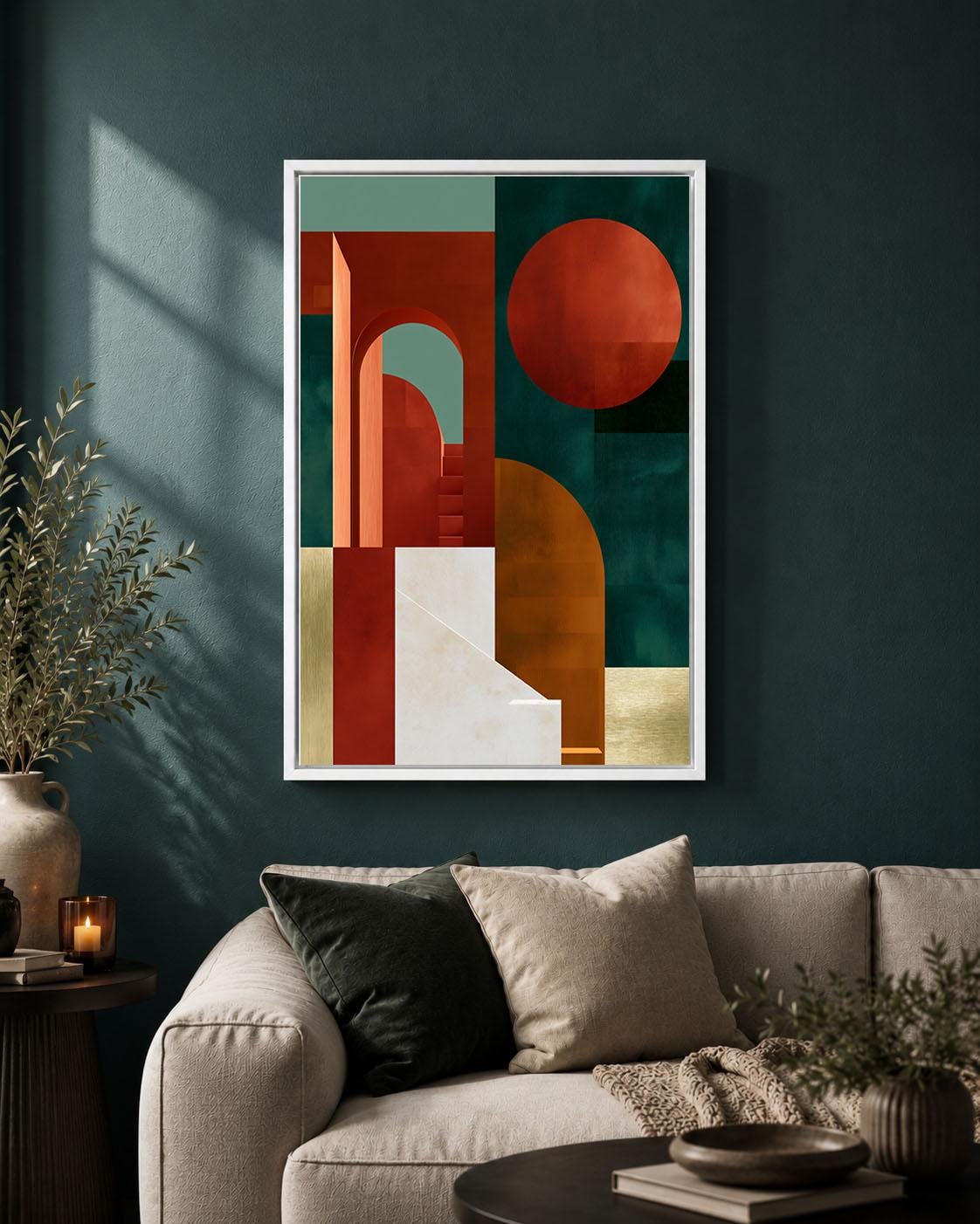 Neo Deco Geometric Arch Rust Orange and Green Abstract Framed Canvas