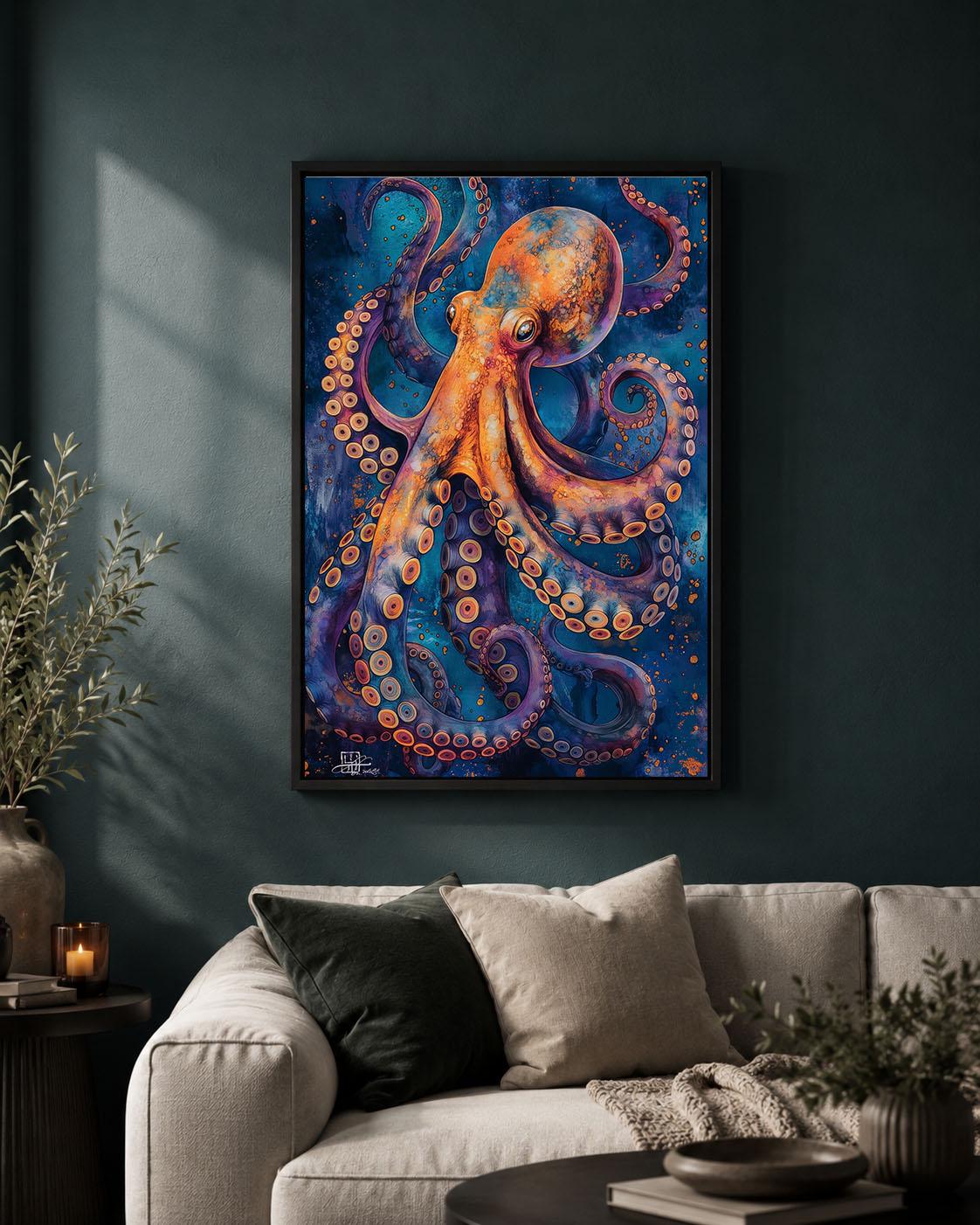 Colourful Octopus Blue & Orange Sea Life Maximalist Ocean Framed Canvas
