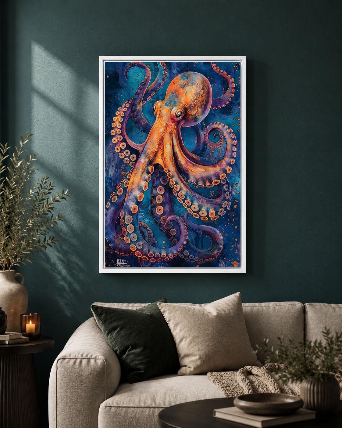 Colourful Octopus Blue & Orange Sea Life Maximalist Ocean Framed Canvas