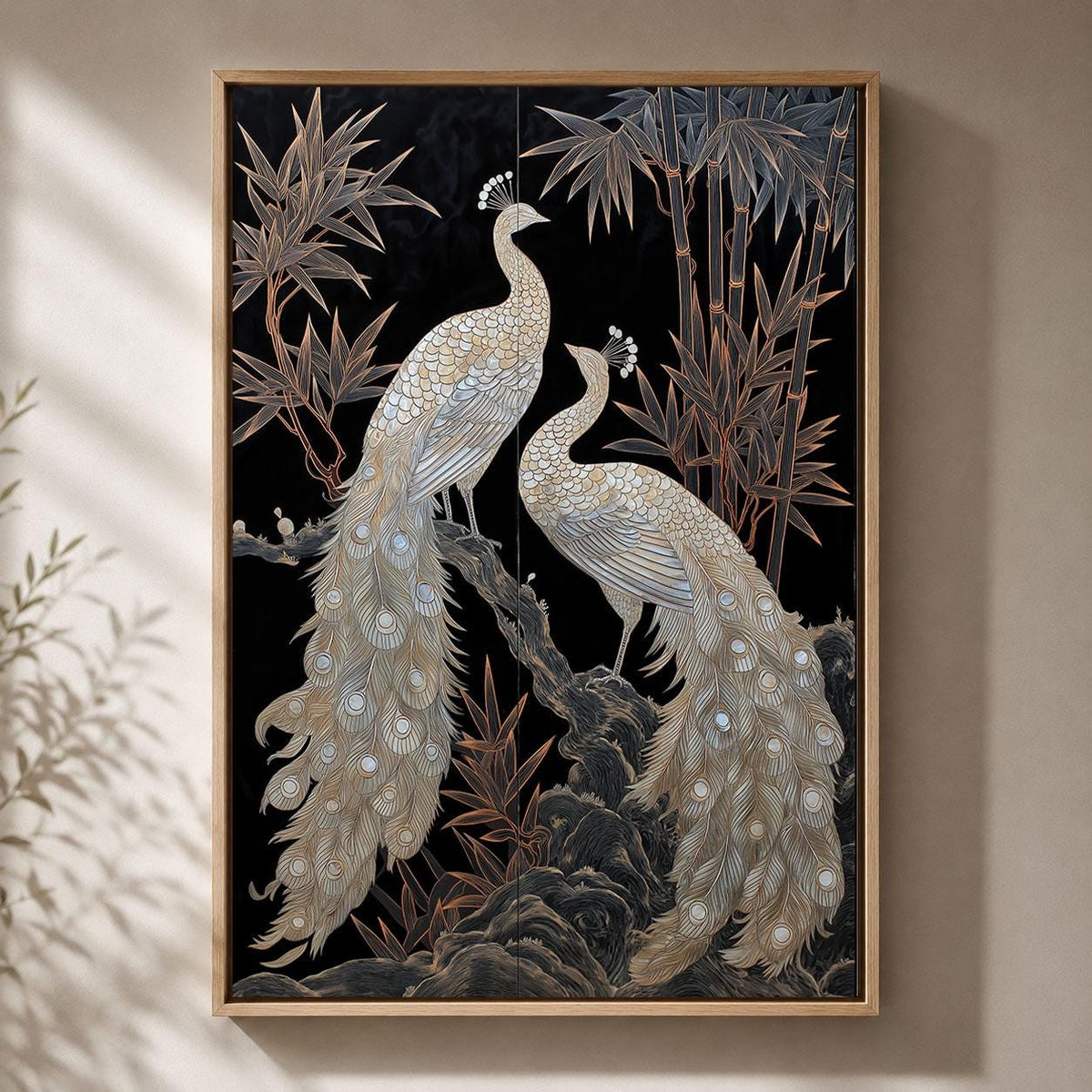 White Peacock Black and Gold Elegant Chinoiserie Oriental Framed Canvas