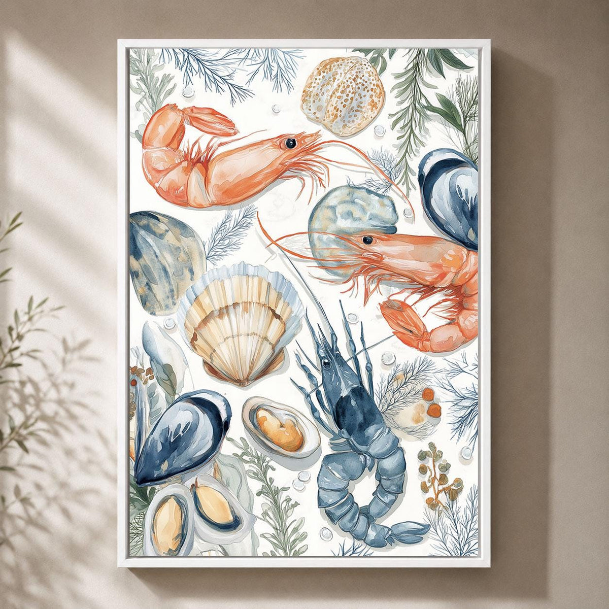 Seafood Prawn, Lobster and Shellfish Watercolour Ocean Food Framed Canvas