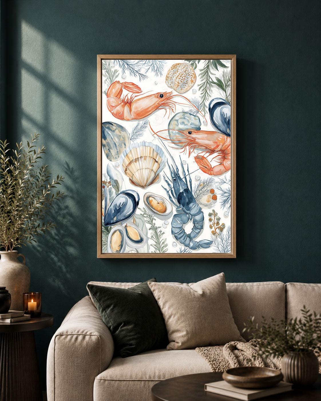 Seafood Prawn, Lobster and Shellfish Watercolour Ocean Food Framed Canvas