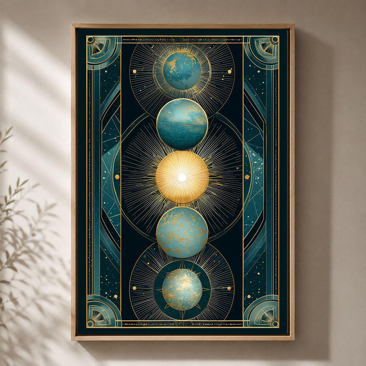 Celestial Art Deco Sun and Moon Teal and Gold Planet Framed Canvas