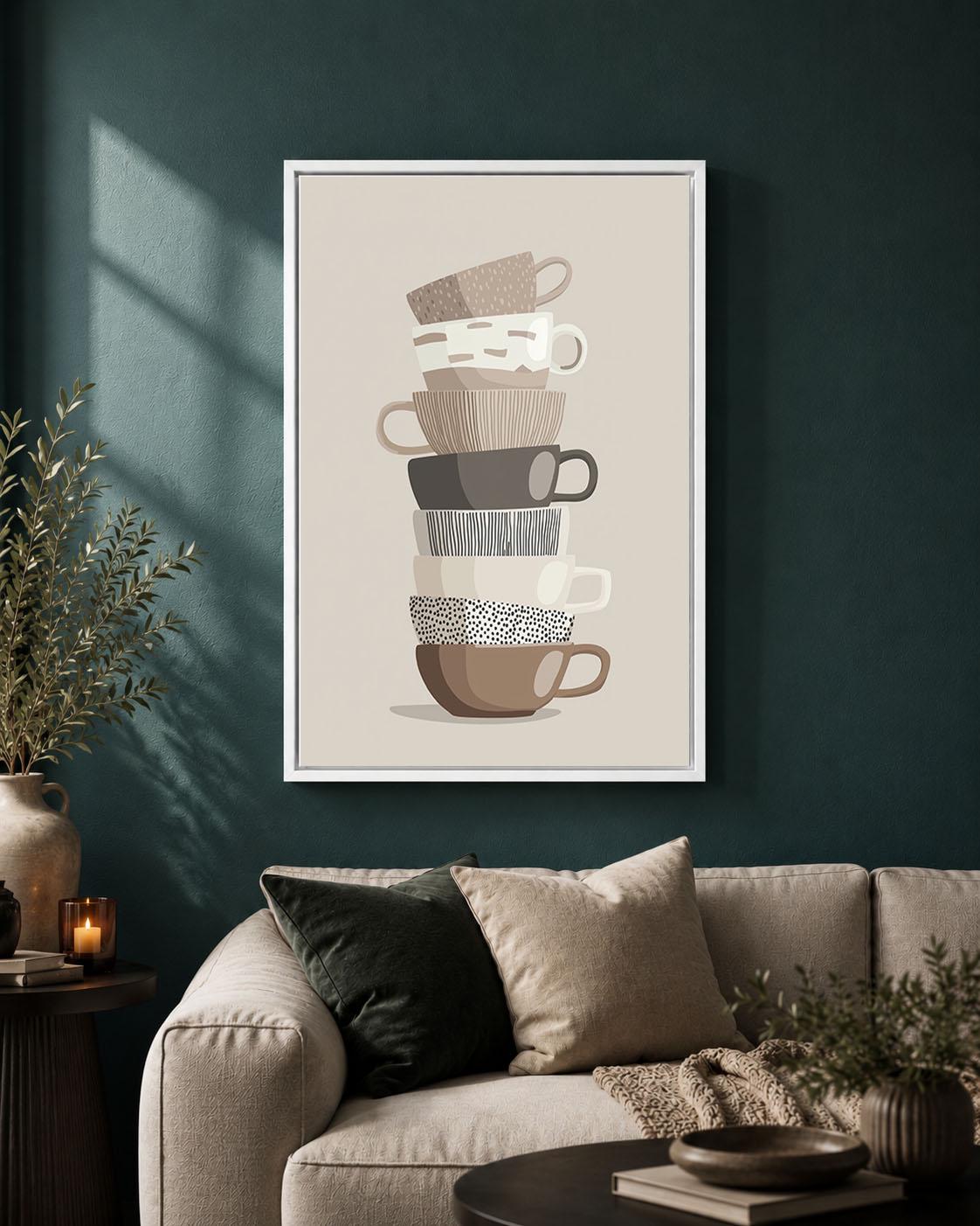 Stacked Teacups Neutral Kitchen Modern Tea and Coffee Cup Framed Canvas