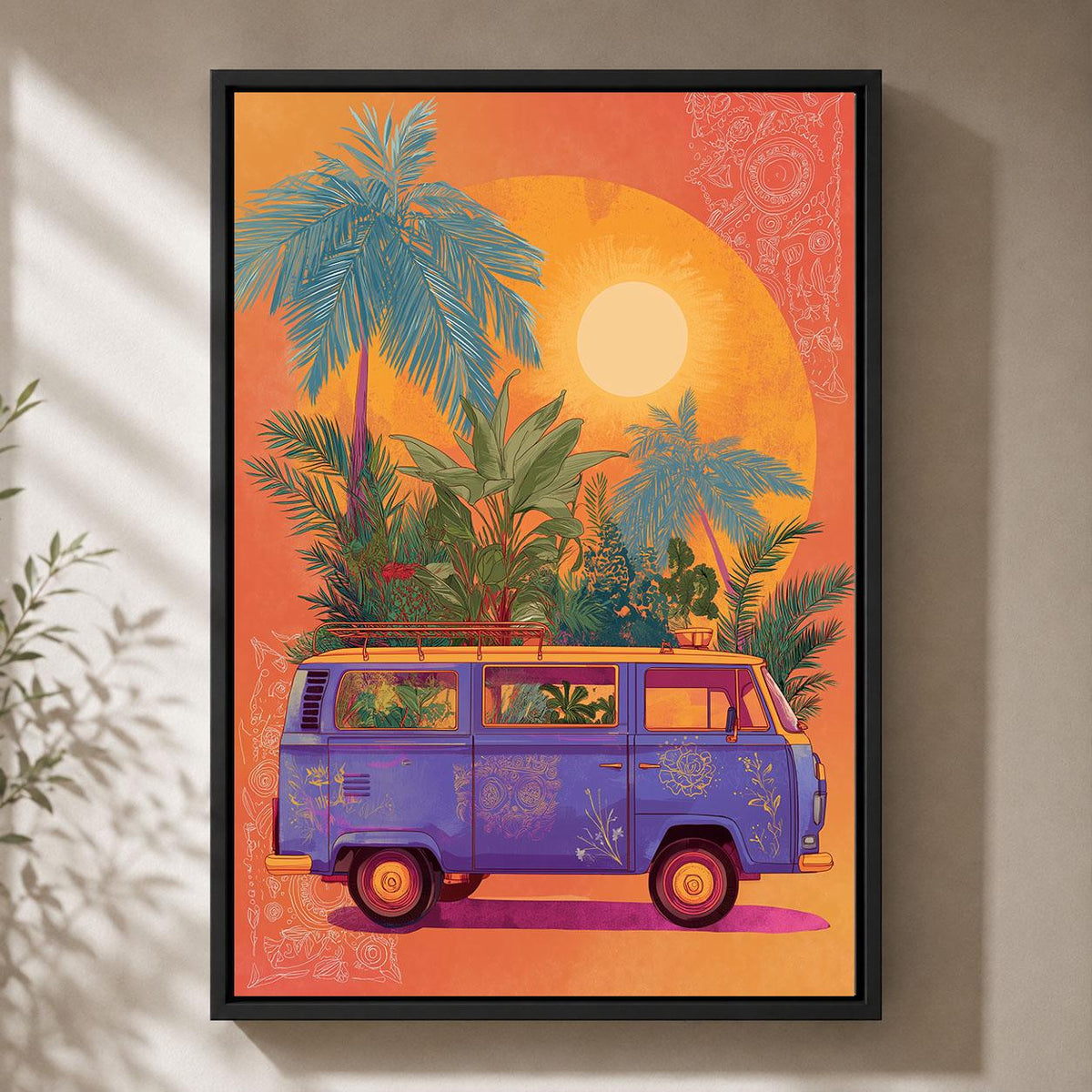 Retro Campervan Colourful Tropical Orange Sunset Palm Tree Framed Canvas