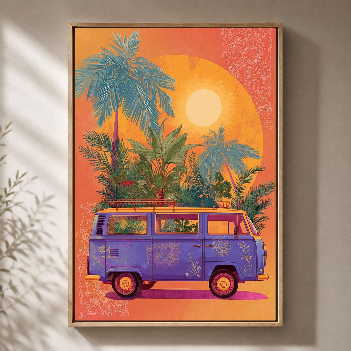 Retro Campervan Colourful Tropical Orange Sunset Palm Tree Framed Canvas