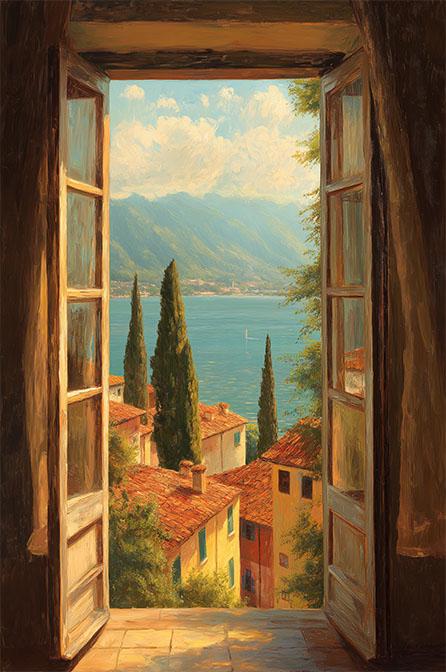 Italian Lake Open Window Mediterranean Village Framed Canvas