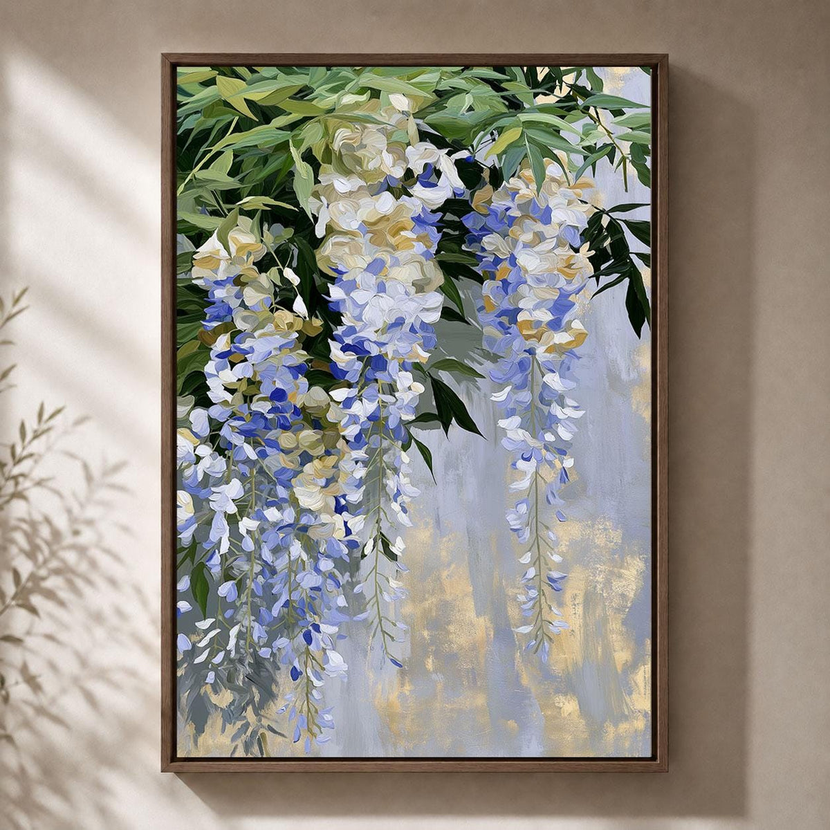 Wisteria Blue and White Floral Elegant Hanging Flower Framed Canvas