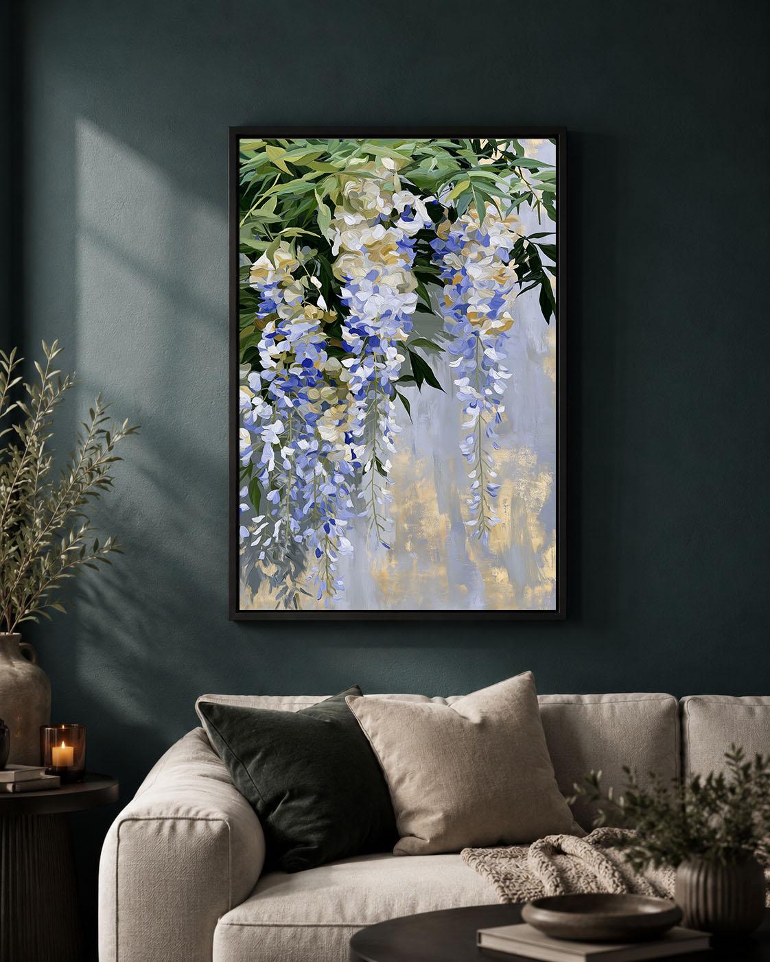 Wisteria Blue and White Floral Elegant Hanging Flower Framed Canvas