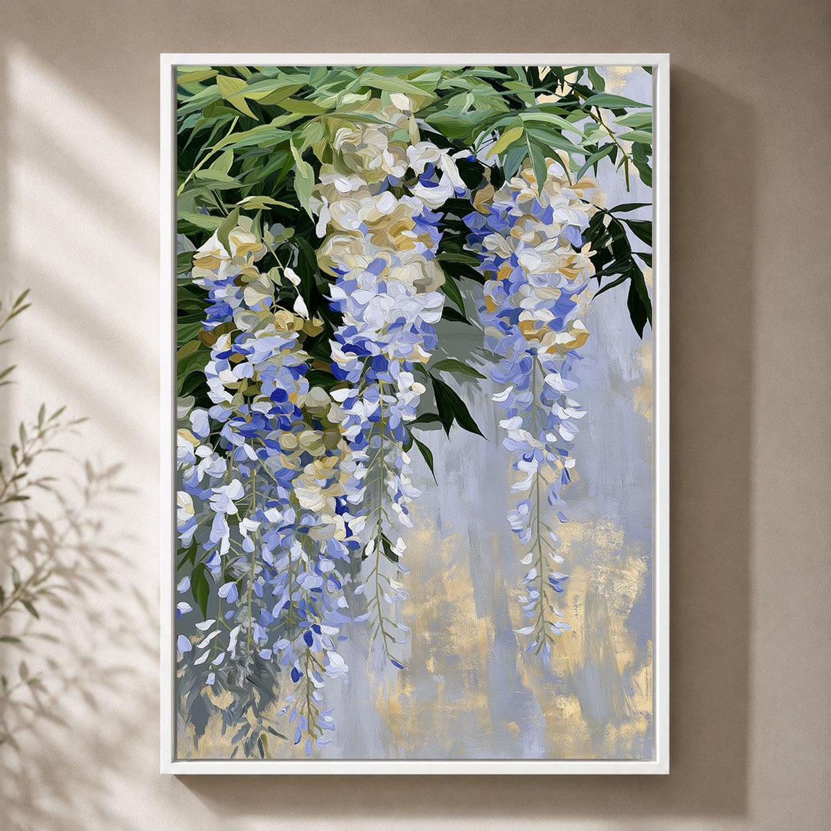 Wisteria Blue and White Floral Elegant Hanging Flower Framed Canvas