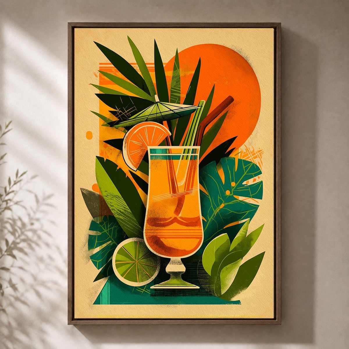 Tropical Cocktail Retro Drinks Orange Green Tiki Bar Mid Century Framed Canvas