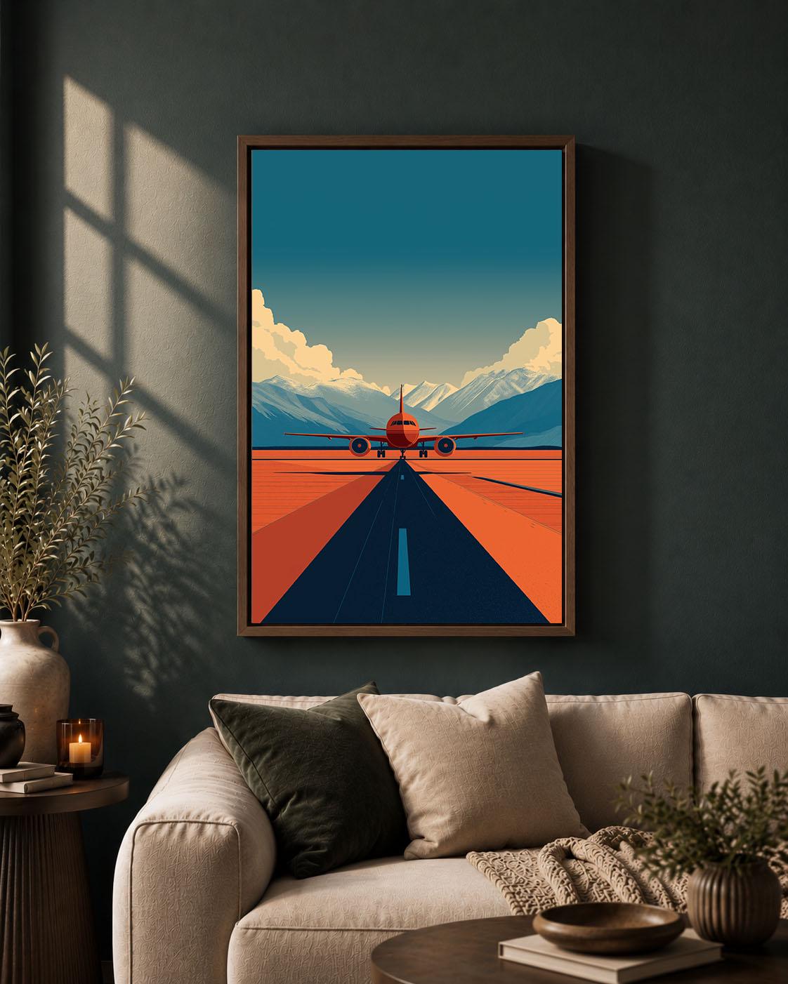 Aeroplane Retro Aviation Orange Passenger Plane Runway Framed Canvas