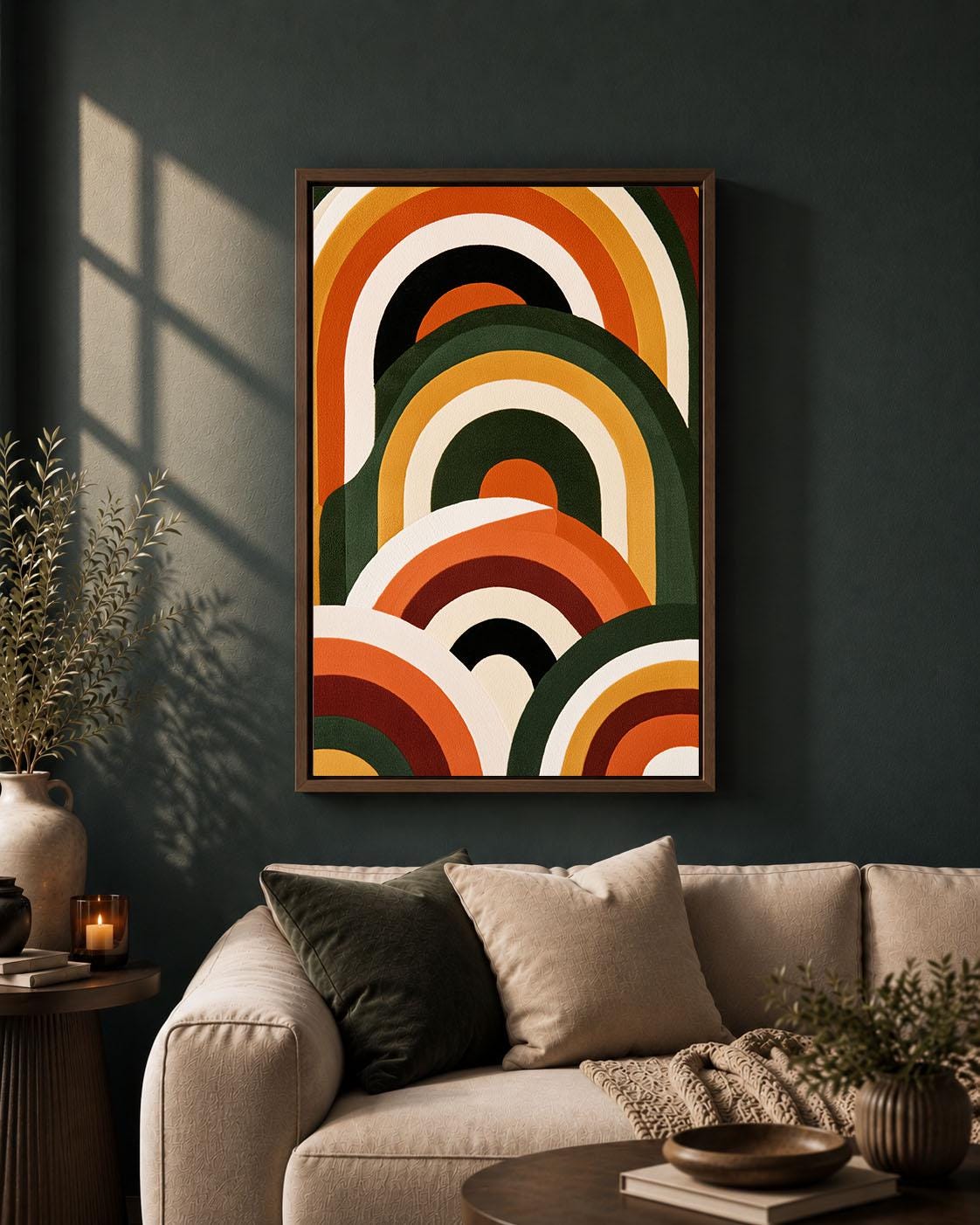 Retro Abstract Mid Century Modern Geometric Rainbow 70s Framed Canvas
