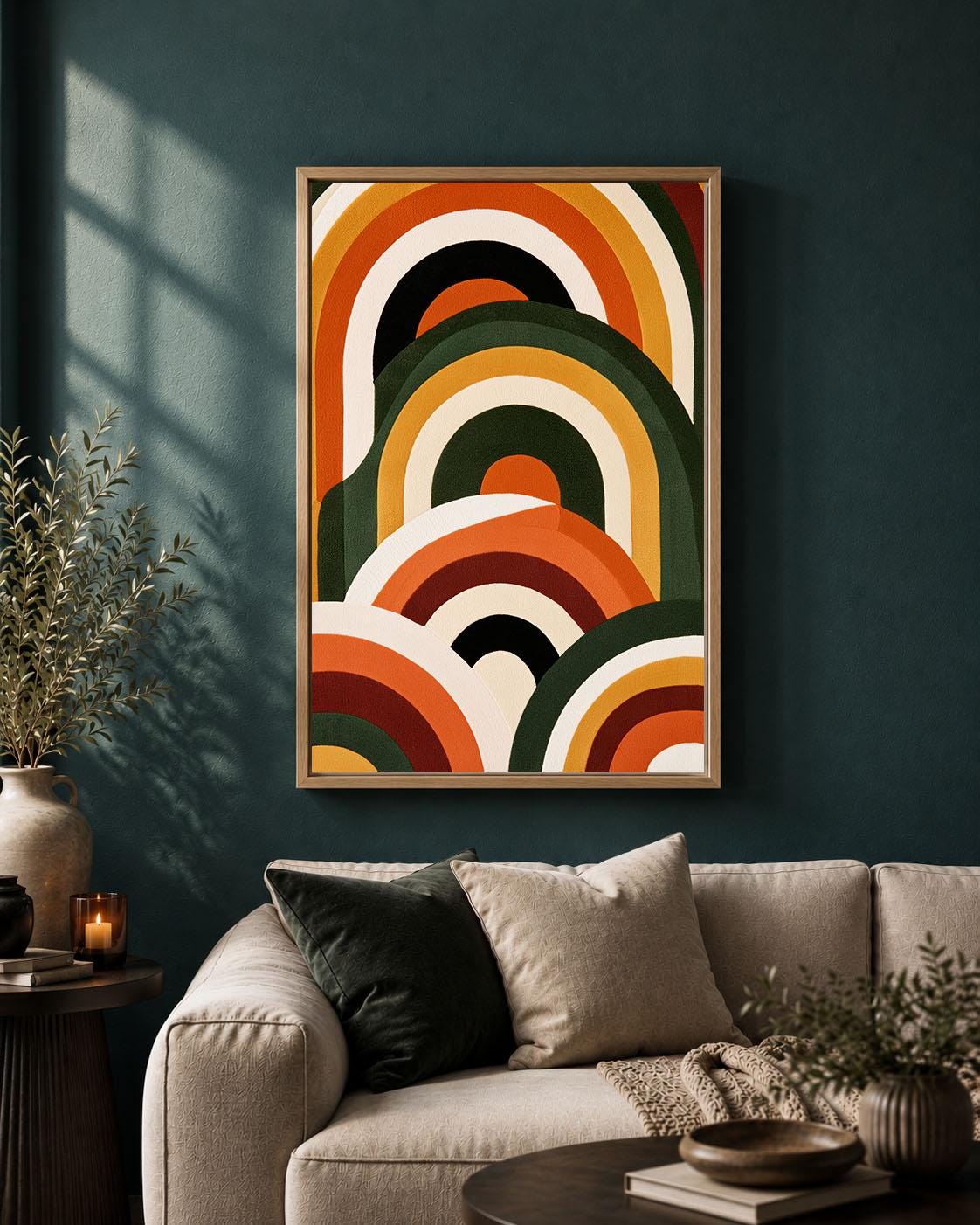 Retro Abstract Mid Century Modern Geometric Rainbow 70s Framed Canvas