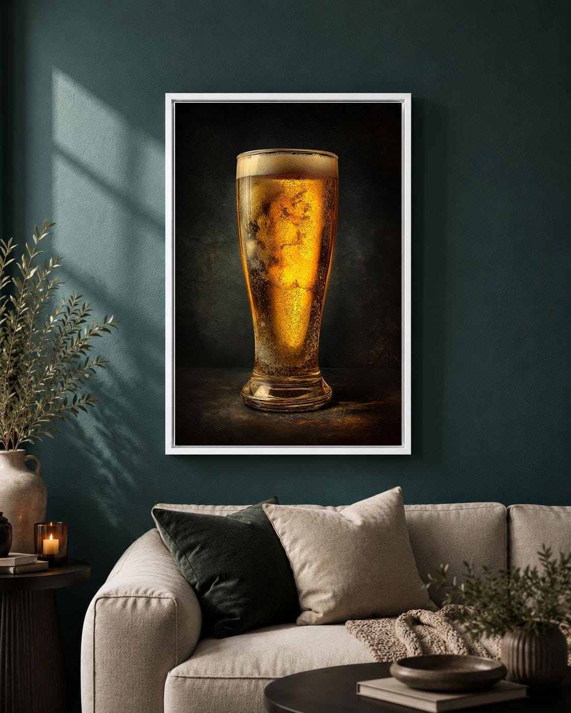 Beer Pint of Lager Dark Moody Bar Decor Framed Canvas