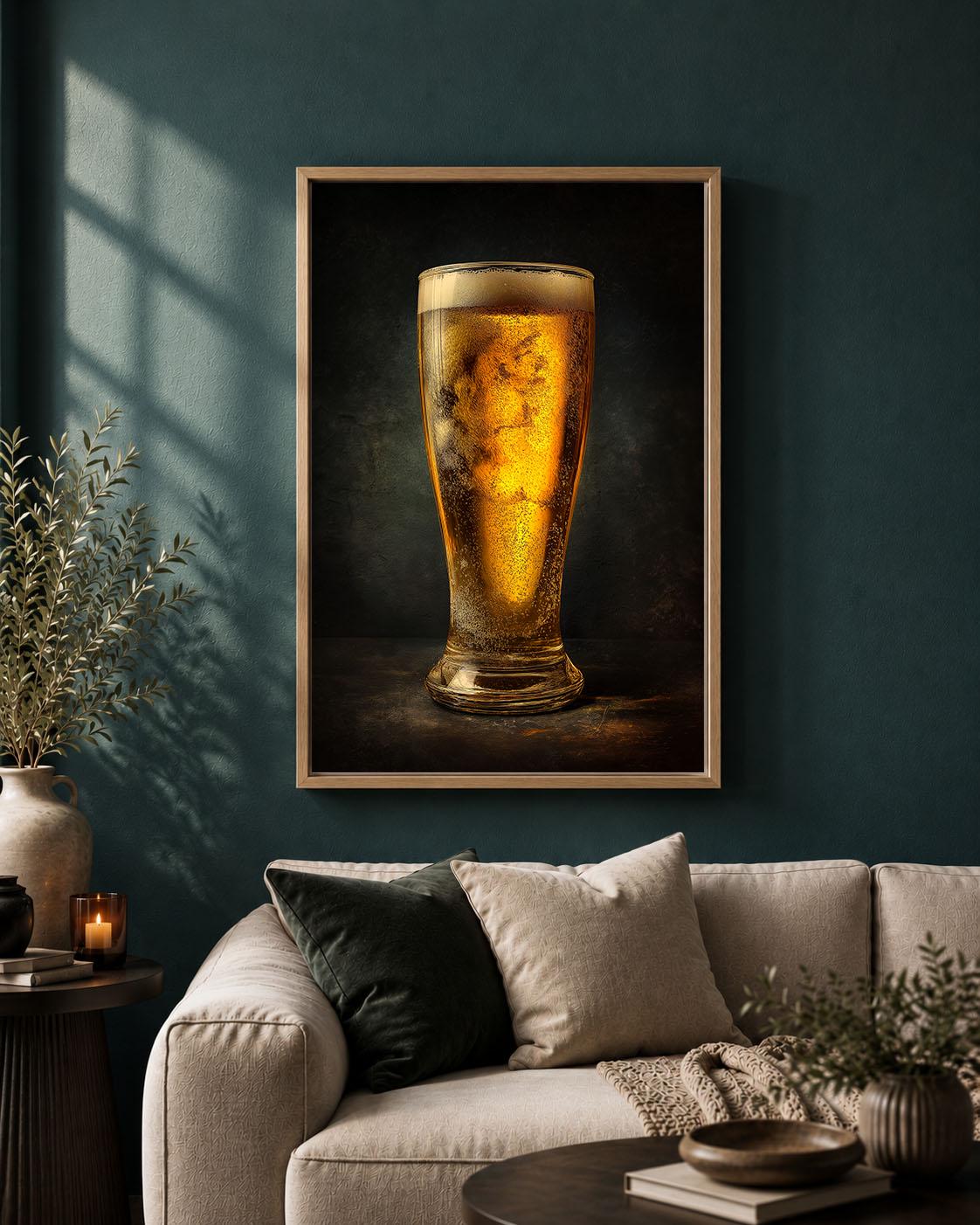 Beer Pint of Lager Dark Moody Bar Decor Framed Canvas