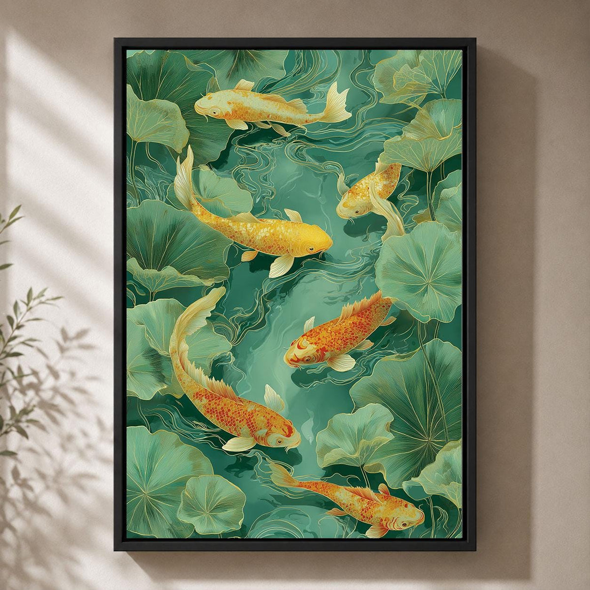 Koi Fish Green and Gold Chinoiserie Oriental Lotus Pond Framed Canvas