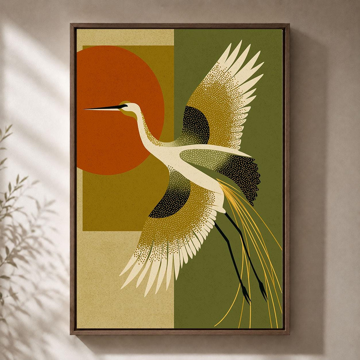 Art Deco Crane Mid Century Modern Olive Green and Burnt Orange Framed Canvas