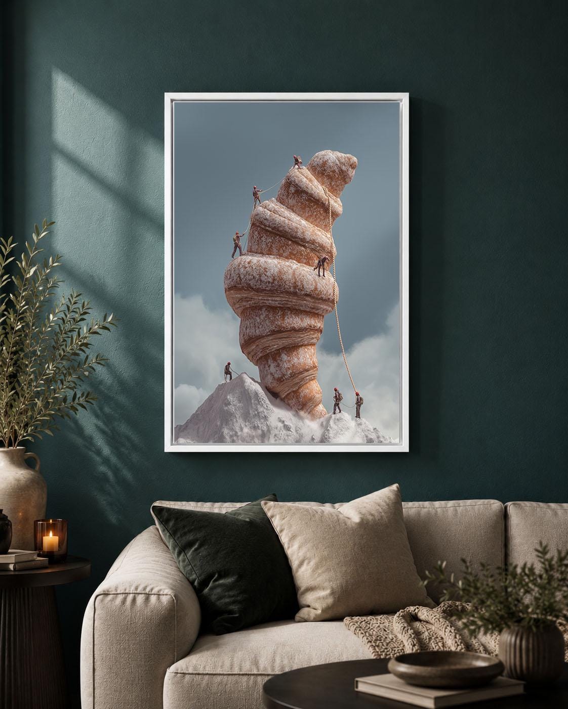Surreal Croissant Whimsical Mountain Climbing Framed Canvas