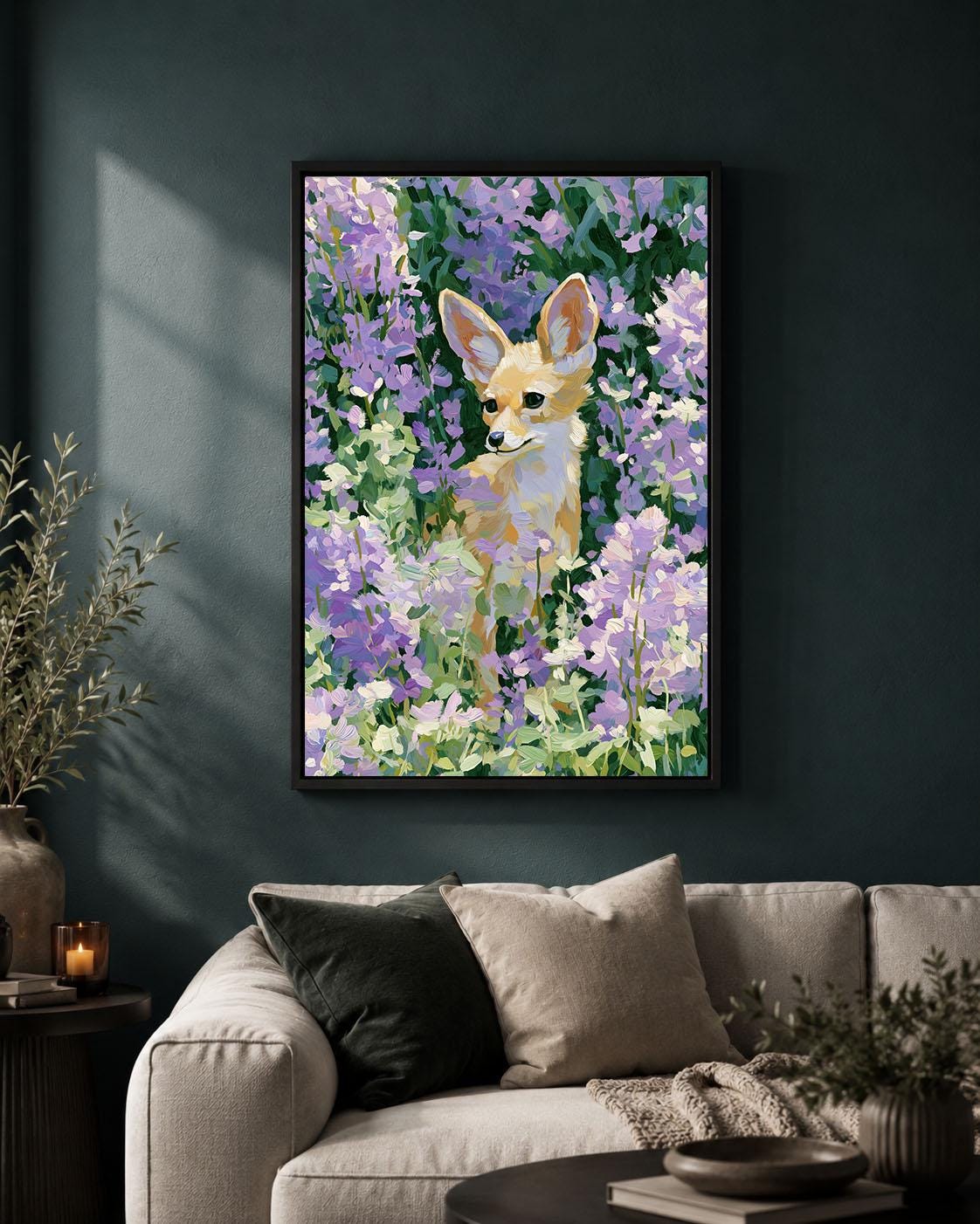 Cute Fox Woodland Animal in Purple Flowers Whimsical Floral Framed Canvas