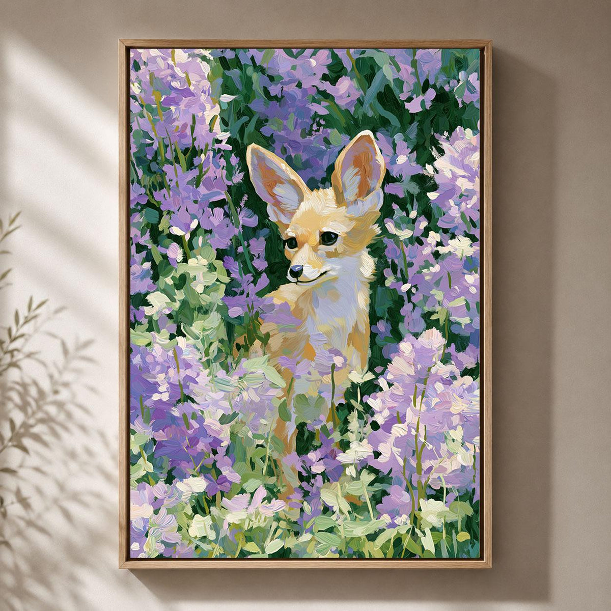 Cute Fox Woodland Animal in Purple Flowers Whimsical Floral Framed Canvas
