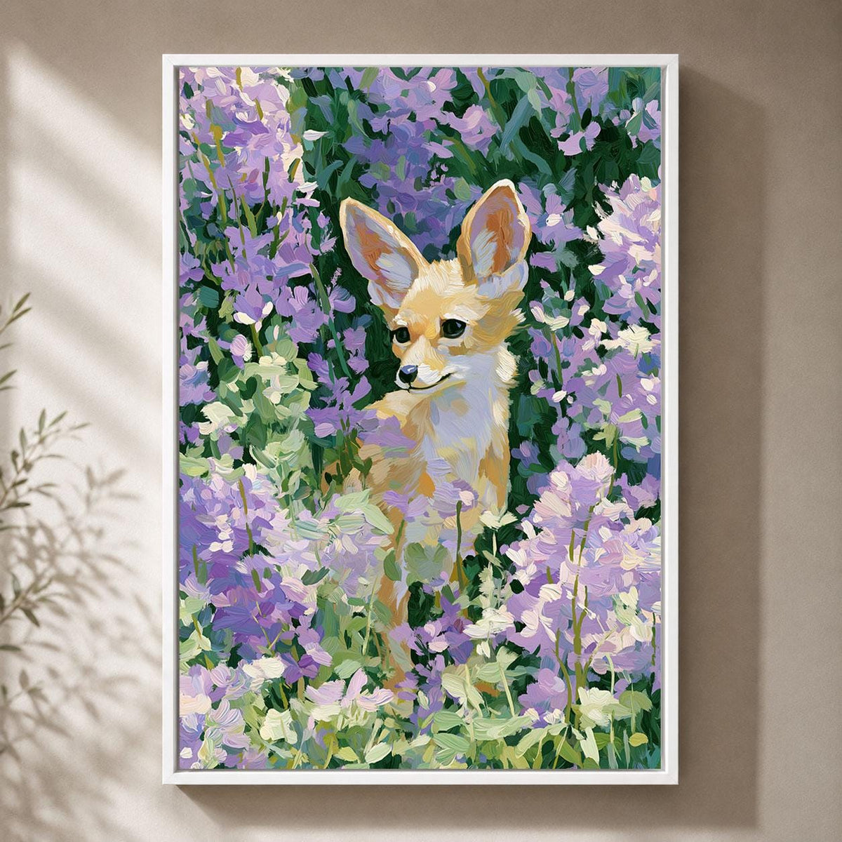 Cute Fox Woodland Animal in Purple Flowers Whimsical Floral Framed Canvas