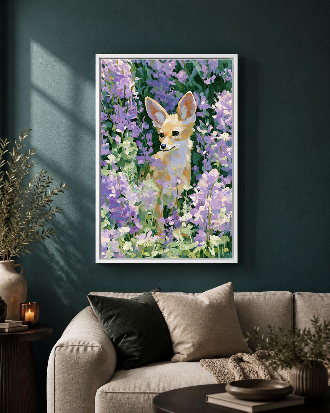 Cute Fox Woodland Animal in Purple Flowers Whimsical Floral Framed Canvas