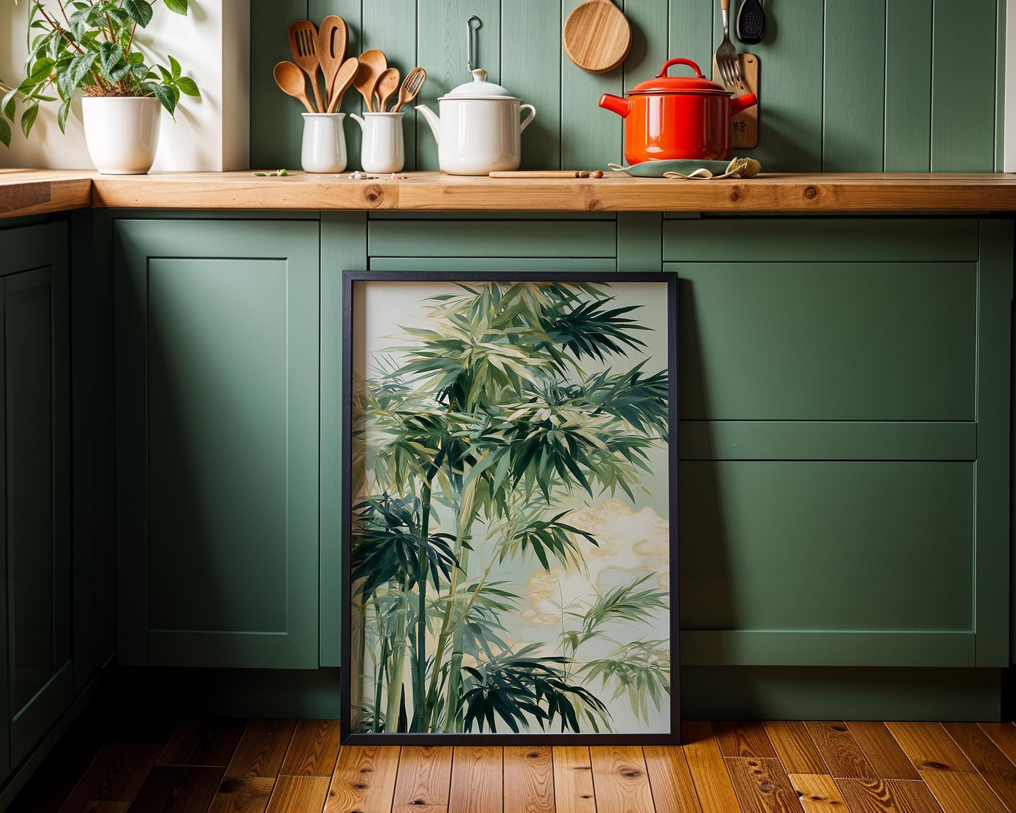 Japanese Bamboo Wall Art, Green Botanical Print, Zen Garden Decor, Asian Nature Poster, Minimalist Bamboo Artwork (Framed...