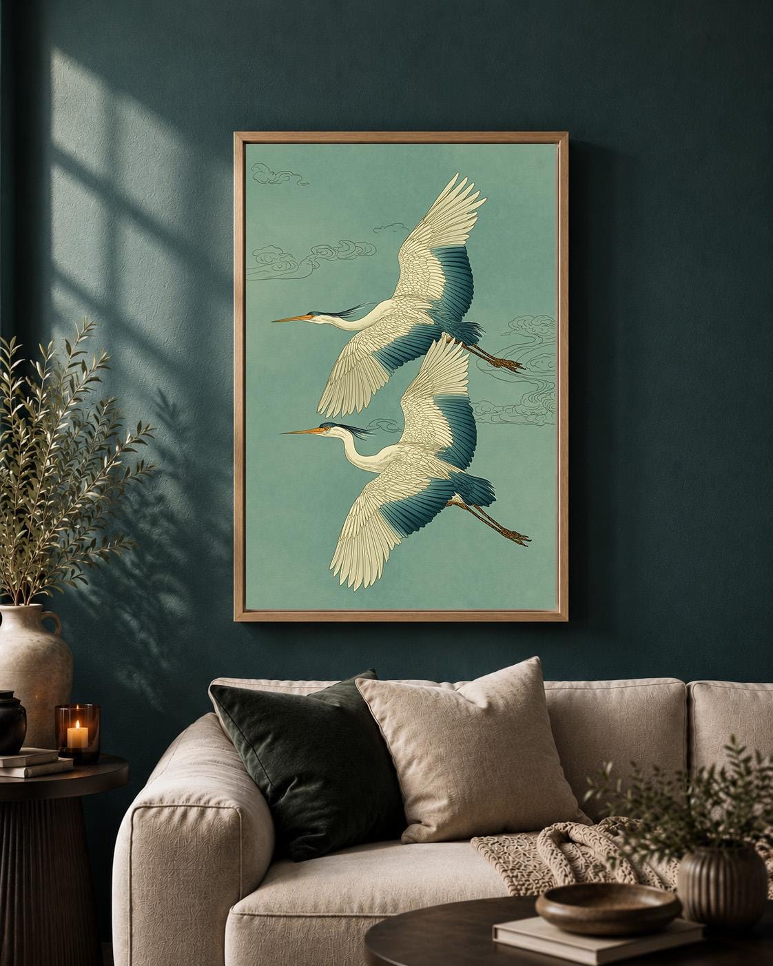 Japanese Crane Framed Canvas, Vintage Asian Bird Print, Sage Green Japandi Decor by The Wall Art Studio - physical