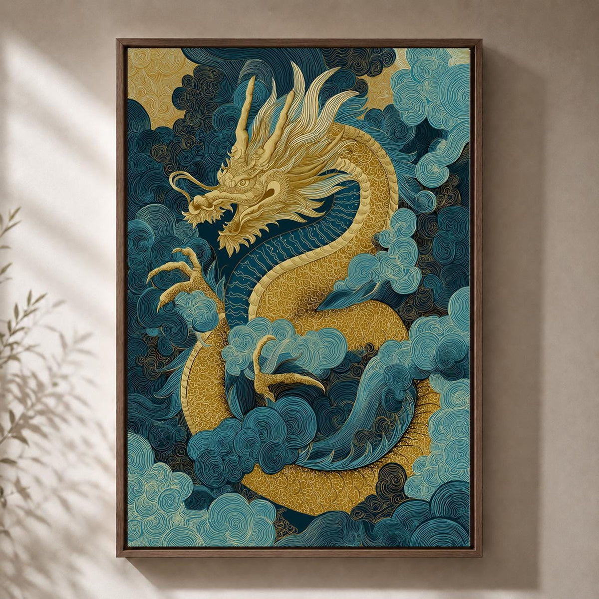 Japanese Dragon Framed Canvas Art, Blue Gold Oriental Mythology Print, Asian Decor by The Wall Art Studio - physical