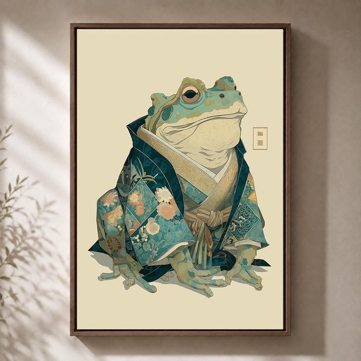 Japanese Frog Samurai Framed Canvas Art, Whimsical Toad Portrait Print, Japandi Decor by The Wall Art Studio - physical