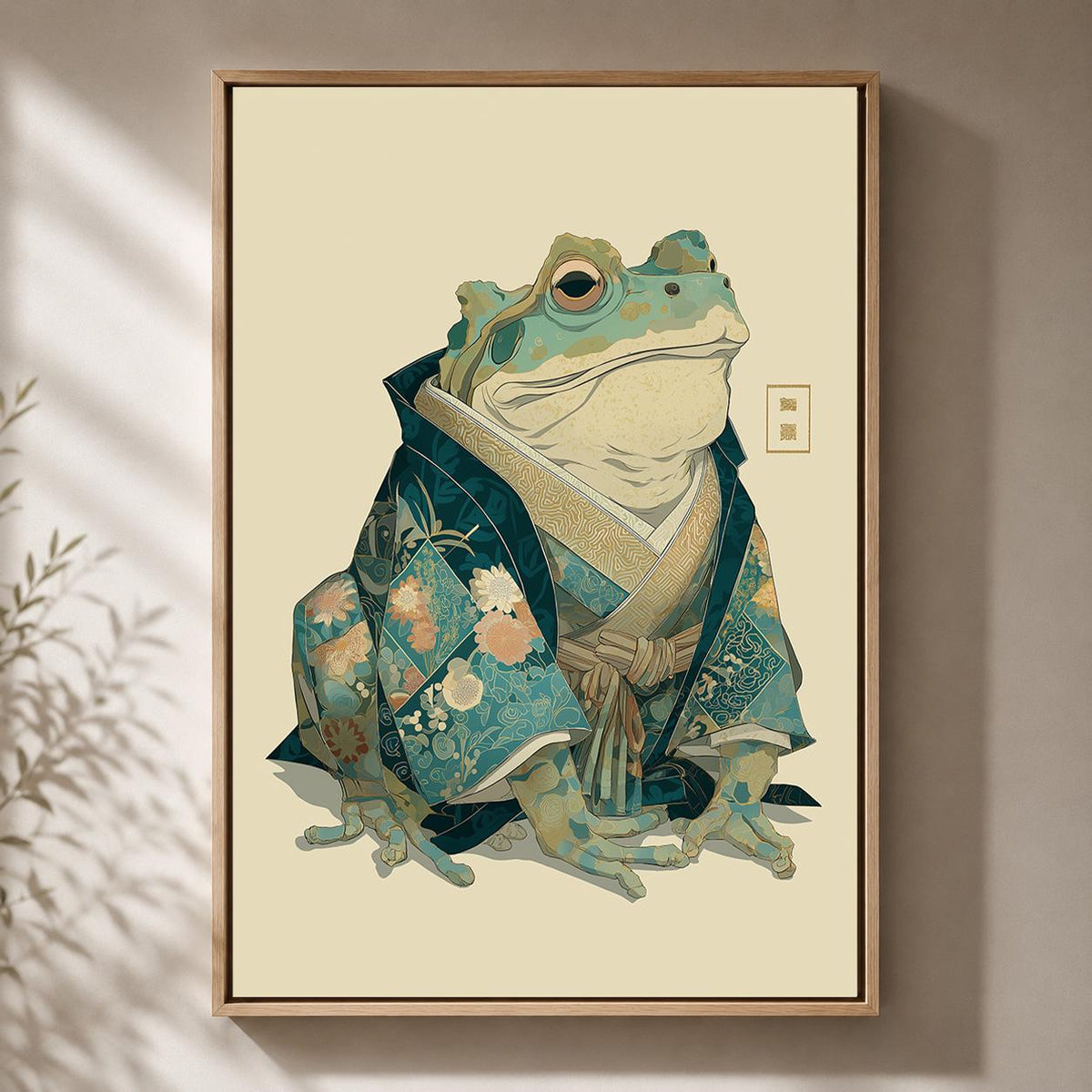 Japanese Frog Samurai Framed Canvas Art, Whimsical Toad Portrait Print, Japandi Decor by The Wall Art Studio - physical