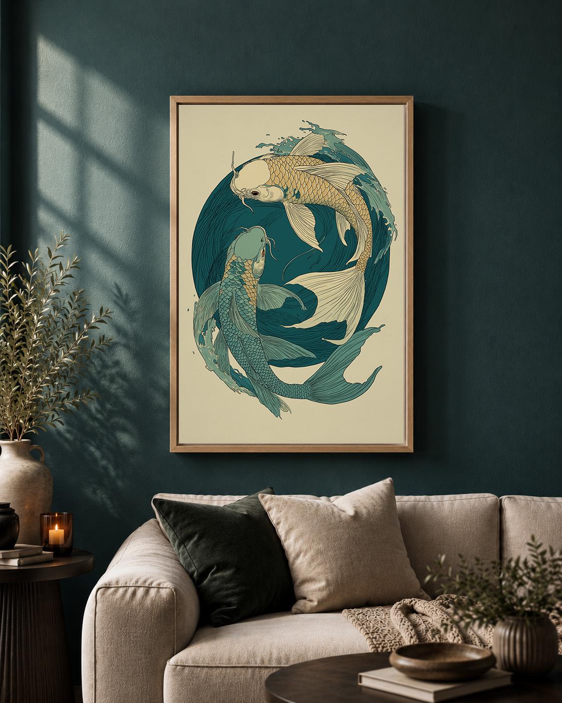Japanese Koi Fish Framed Canvas Art, Teal Yin Yang Ocean Print, Zen Japandi Decor by The Wall Art Studio - physical