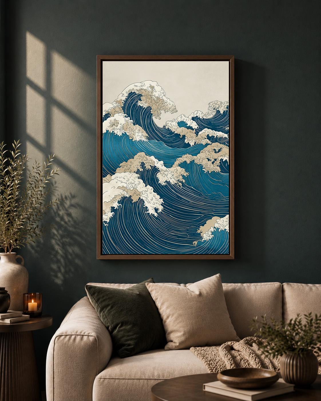 Japanese Wave Framed Canvas Art, Ukiyo-e Ocean Print, Coastal Japandi Decor by The Wall Art Studio - physical