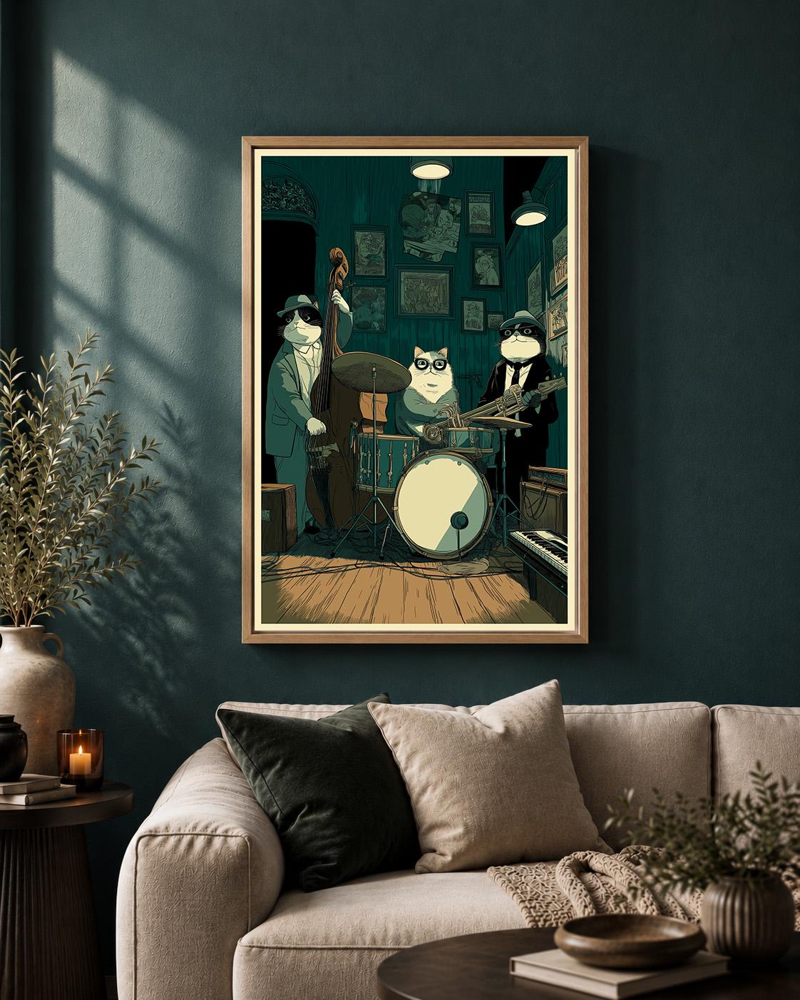 Jazz Cat Band Framed Canvas Art, Whimsical Musician Cats Print, Speakeasy Decor by The Wall Art Studio - physical