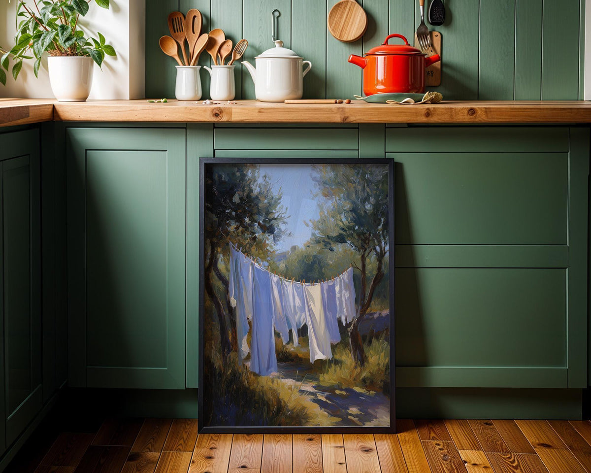 Laundry Room Oil Painting Print, Moody Mediterranean Linen Art, Rustic Cottagecore Poster (Framed Option) by The Wall Art...