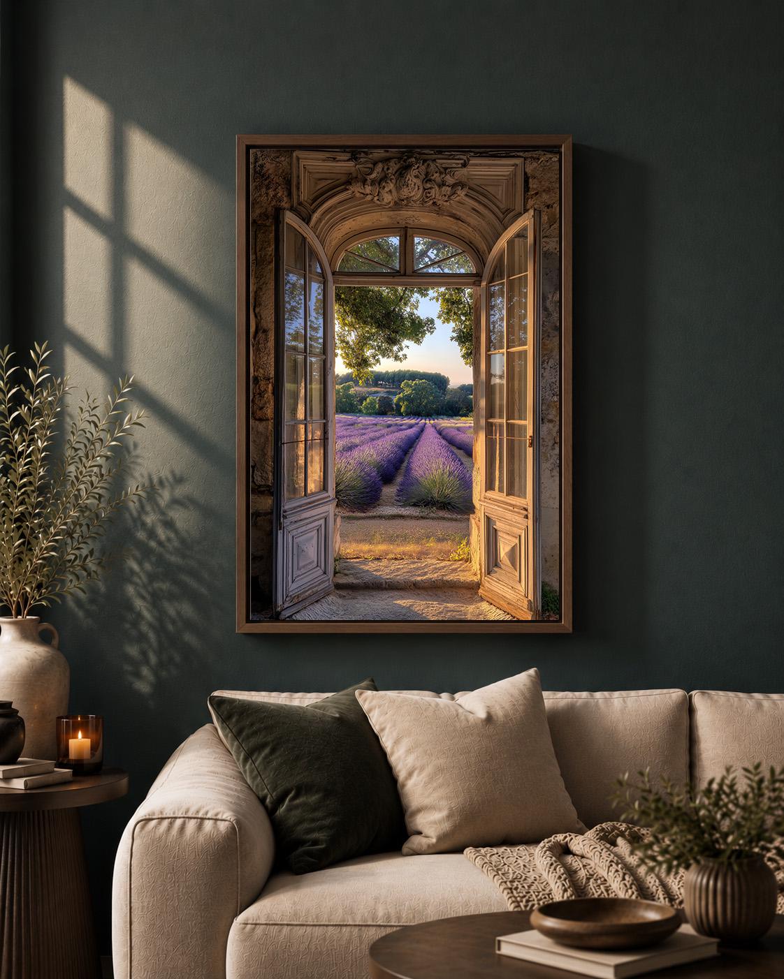 Lavender Field Framed Canvas Art, French Country Window Print, Provence Landscape Decor by The Wall Art Studio - physical