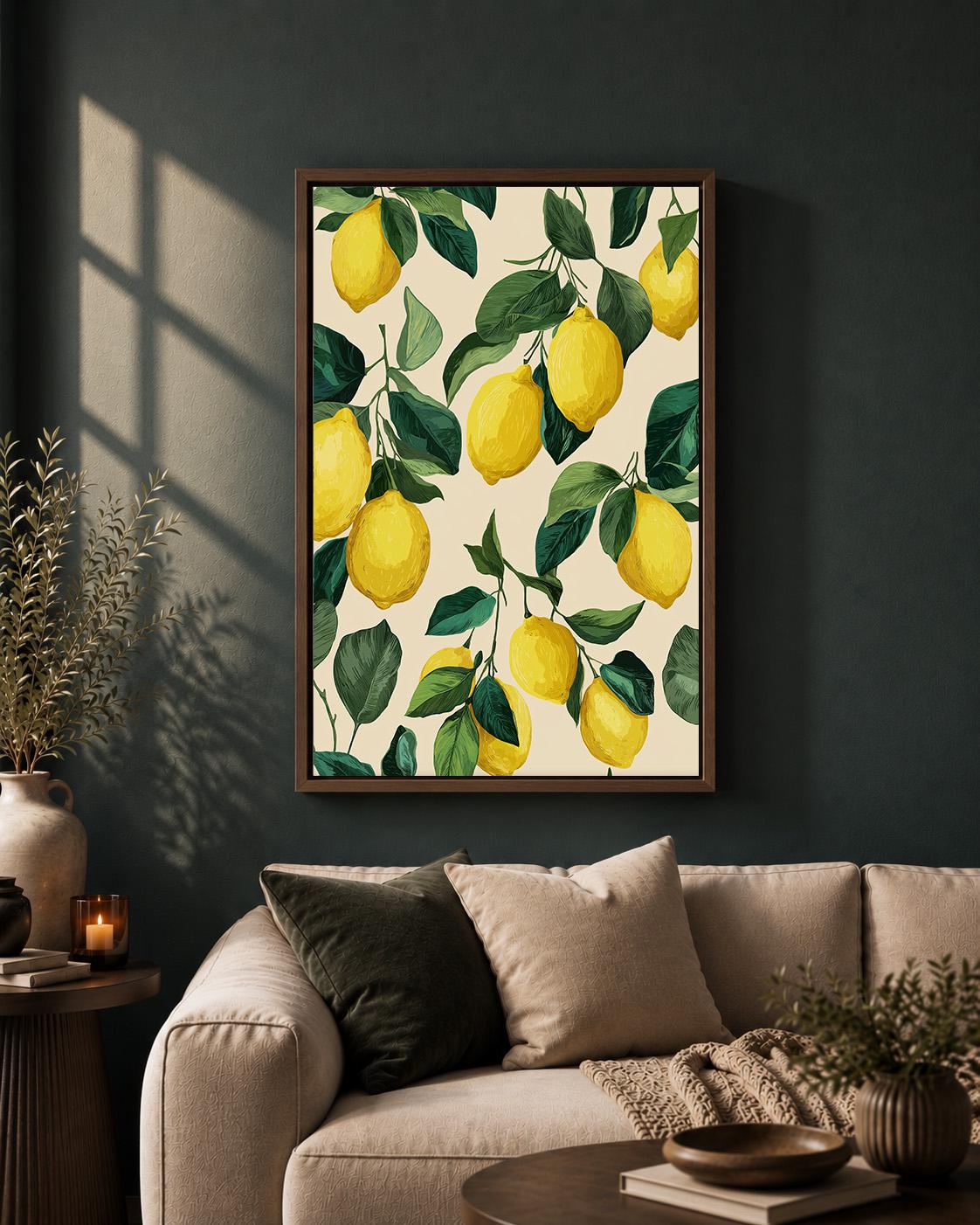 Lemon Branch Framed Canvas Art, Italian Citrus Kitchen Decor, Botanical Print by The Wall Art Studio - physical
