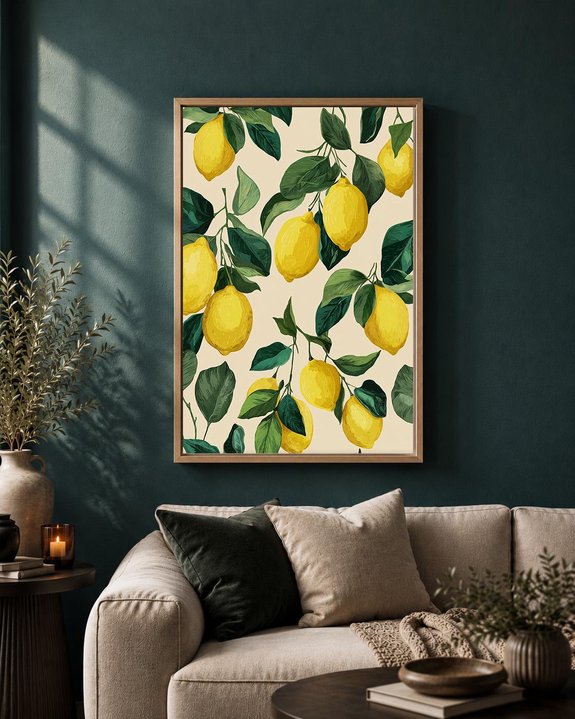 Lemon Branch Framed Canvas Art, Italian Citrus Kitchen Decor, Botanical Print by The Wall Art Studio - physical