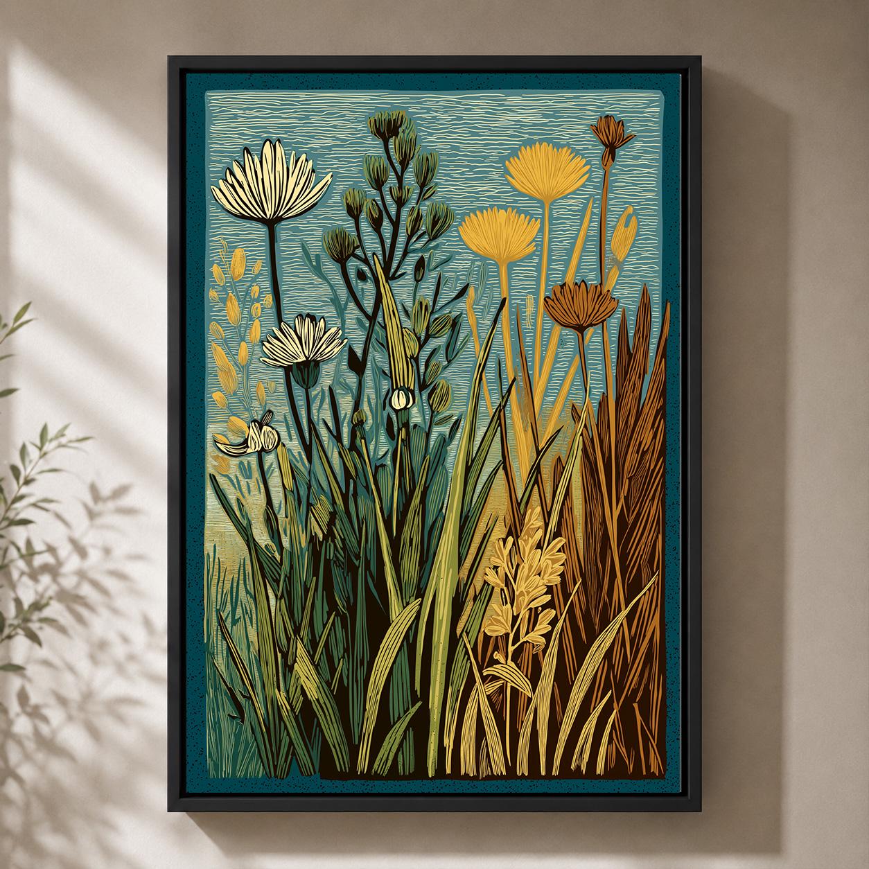 Linocut Botanical Framed Canvas Art, Mid Century Floral Meadow Decor, Scandinavian Nature Print by The Wall Art Studio - p...