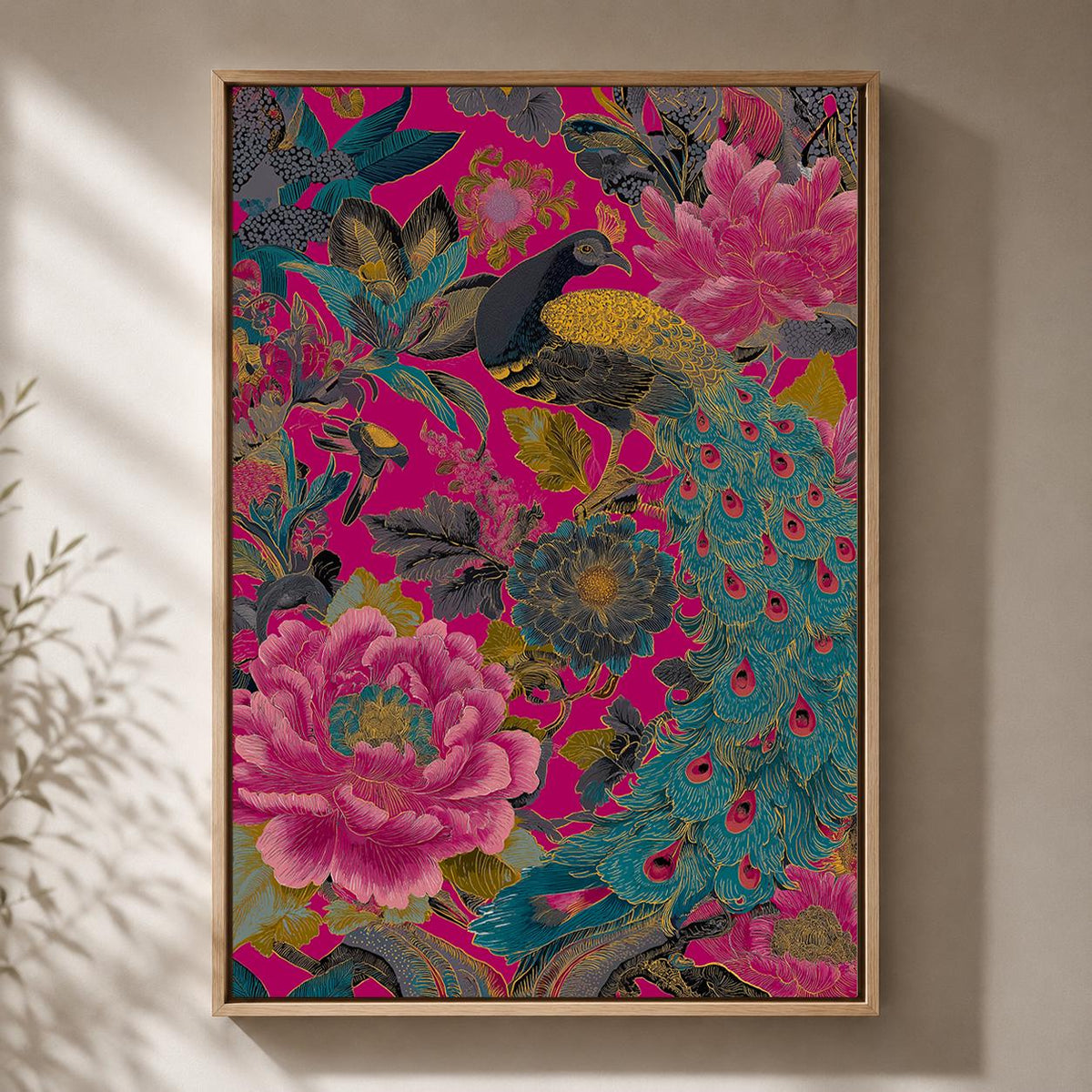 Maximalist Peacock Floral Framed Canvas Art, Hot Pink Chinoiserie Bird Print, Eclectic Decor by The Wall Art Studio - phys...